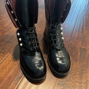 CHANEL Black Leather Boots w/ faux pearls